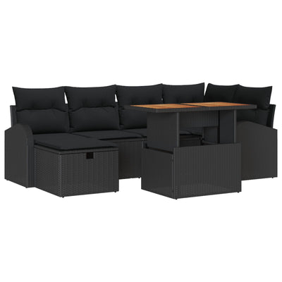 7 Piece Garden Sofa Set with Cushions Black Poly Rattan