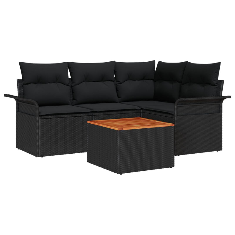 5 Piece Garden Sofa Set with Cushions Black Poly Rattan Acacia
