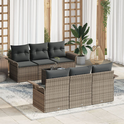 7 Piece Garden Sofa Set with Cushions Grey Poly Rattan