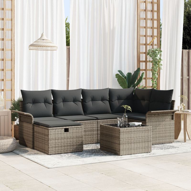 7 Piece Garden Sofa Set with Cushions Grey Poly Rattan