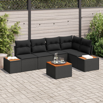 6 Piece Garden Sofa Set with Cushions Black Poly Rattan Acacia