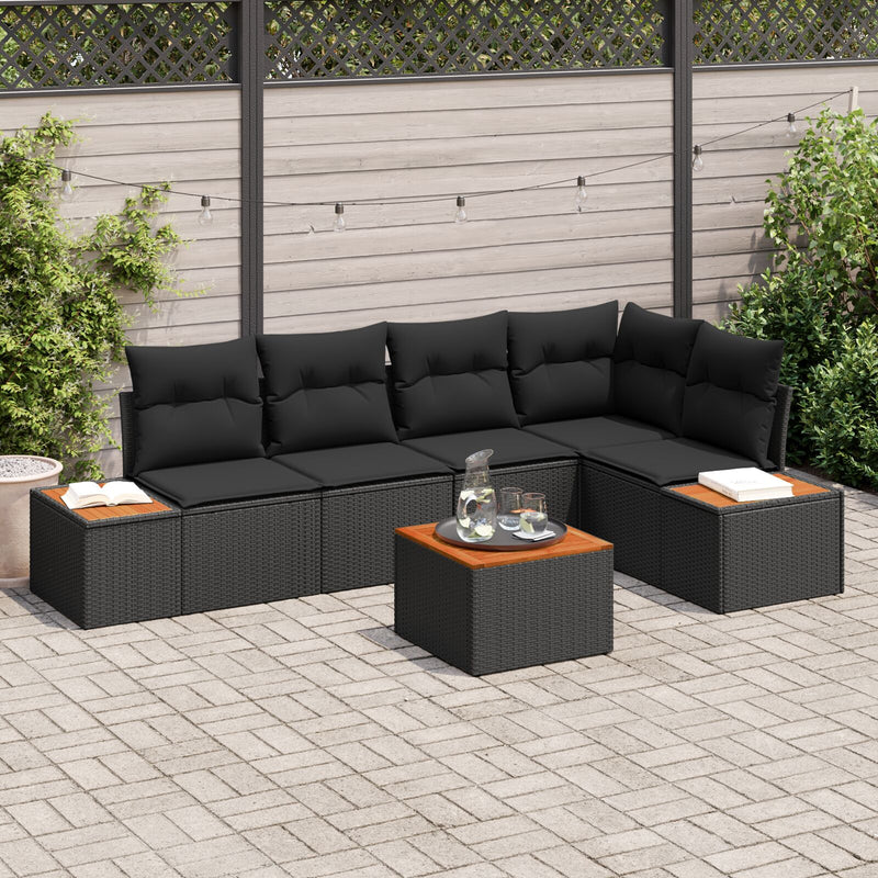 6 Piece Garden Sofa Set with Cushions Black Poly Rattan Acacia