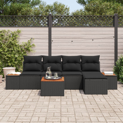 6 Piece Garden Sofa Set with Cushions Black Poly Rattan Acacia