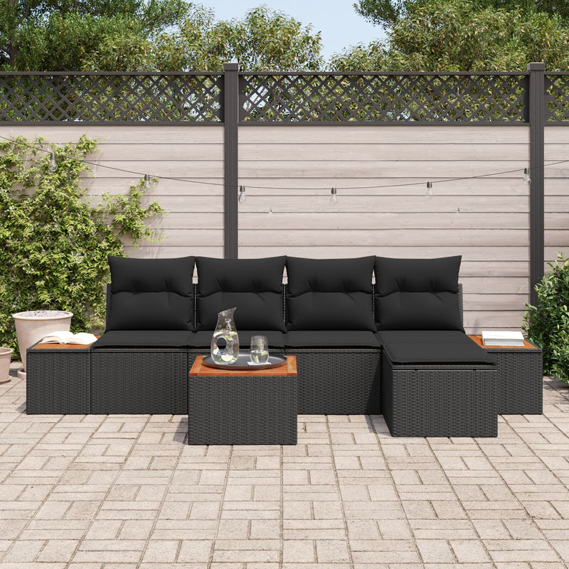 6 Piece Garden Sofa Set with Cushions Black Poly Rattan Acacia