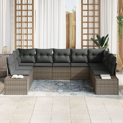 9 Piece Garden Sofa Set with Cushions Grey Poly Rattan