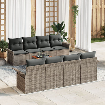 9 Piece Garden Sofa Set with Cushions Grey Poly Rattan Acacia