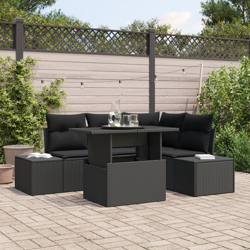 5 Piece Garden Sofa Set with Cushions Black Poly Rattan