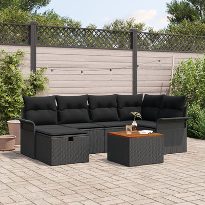 7 Piece Garden Sofa Set with Cushions Black Poly Rattan