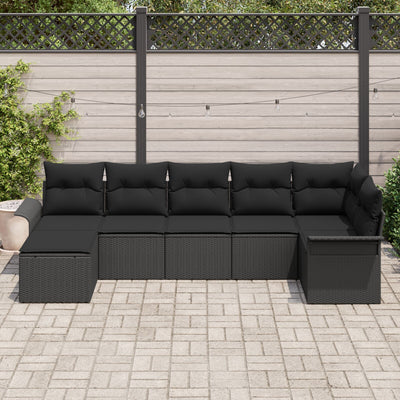 7 Piece Garden Sofa Set with Cushions Black Poly Rattan