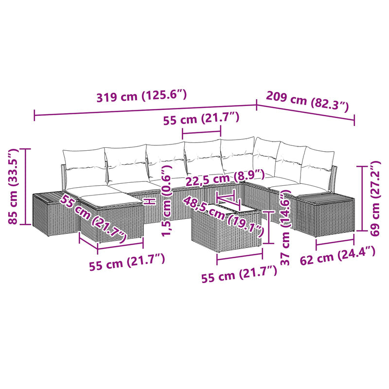 9 Piece Garden Sofa Set with Cushions Beige Poly Rattan