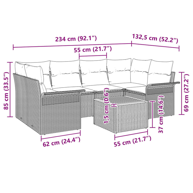 7 Piece Garden Sofa Set with Cushions Grey Poly Rattan Acacia