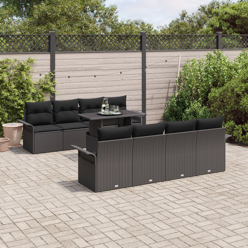 9 Piece Garden Sofa Set with Cushions Black Poly Rattan