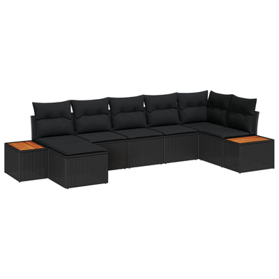 7 Piece Garden Sofa Set with Cushions Black Poly Rattan Acacia