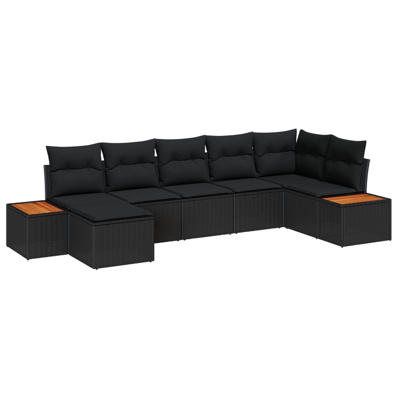 7 Piece Garden Sofa Set with Cushions Black Poly Rattan Acacia