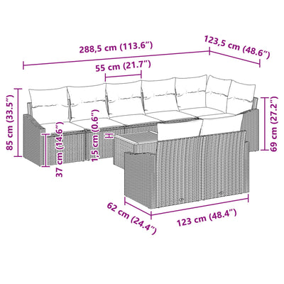 9 Piece Garden Sofa Set with Cushions Grey Poly Rattan Acacia