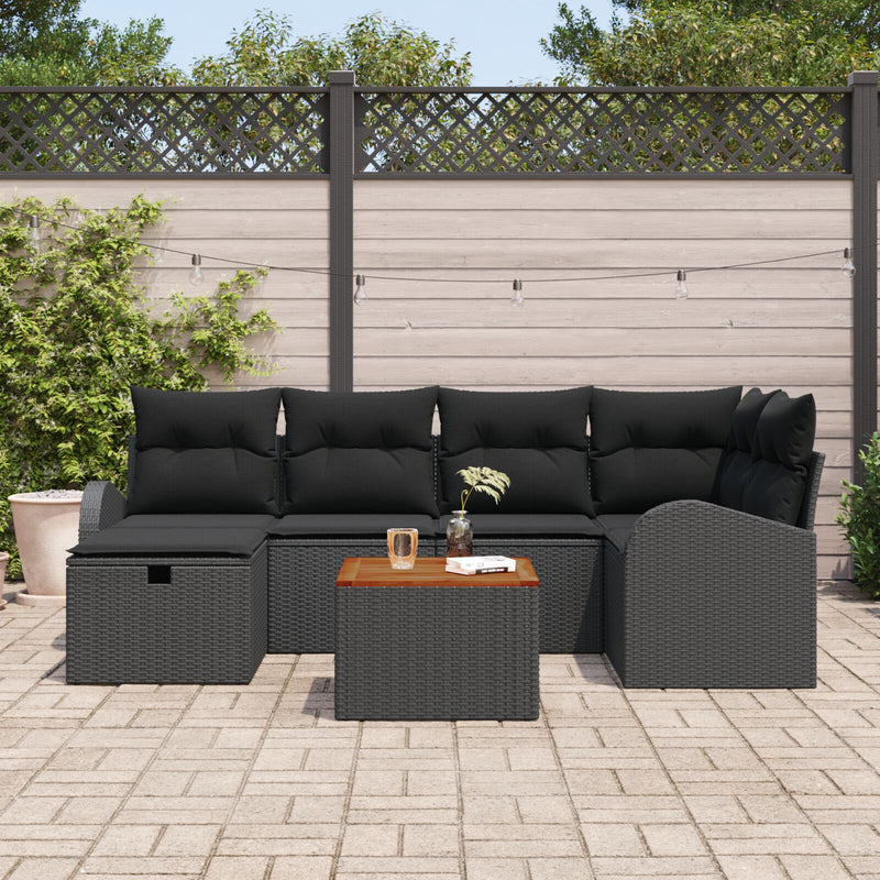 7 Piece Garden Sofa Set with Cushions Black Poly Rattan