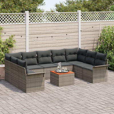 10 Piece Garden Sofa Set with Cushions Grey Poly Rattan Acacia