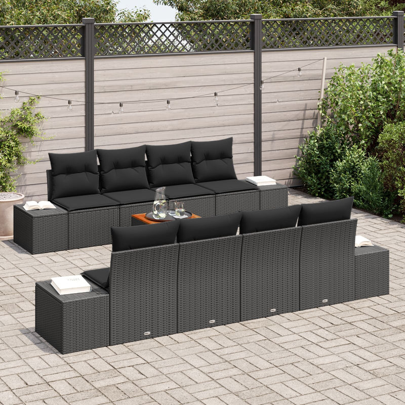 9 Piece Garden Sofa Set with Cushions Black Poly Rattan Acacia