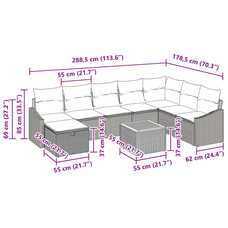 9 Piece Garden Sofa Set with Cushions Grey Poly Rattan
