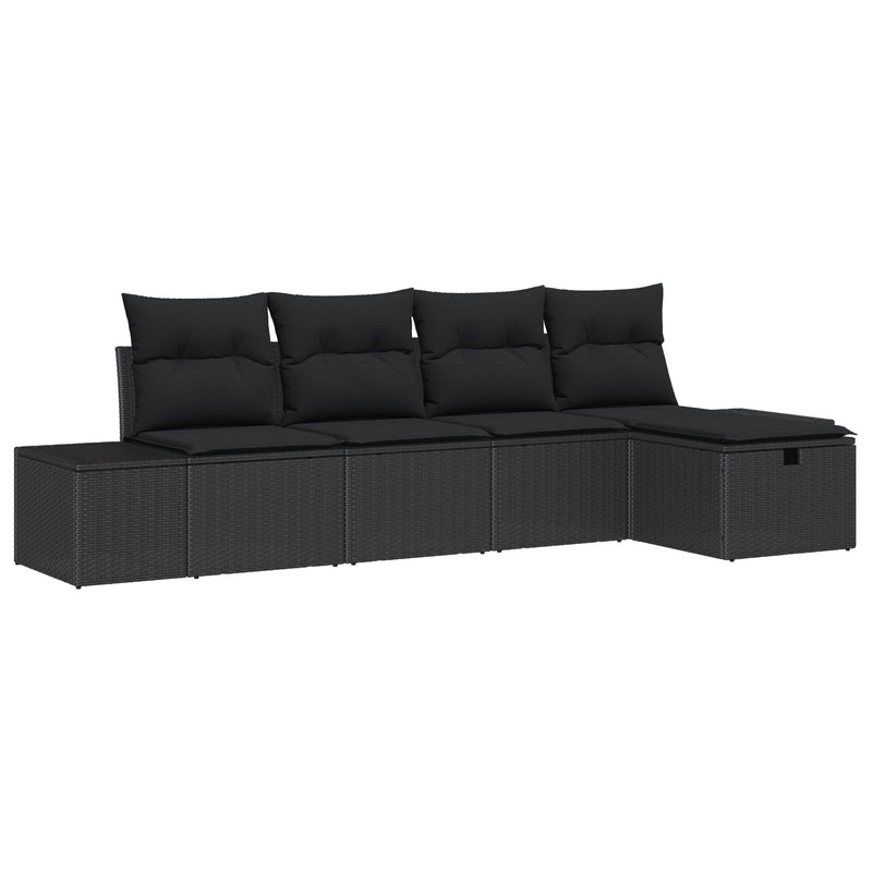 5 Piece Garden Sofa Set with Cushions Black Poly Rattan