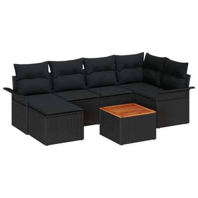 7 Piece Garden Sofa Set with Cushions Black Poly Rattan Acacia