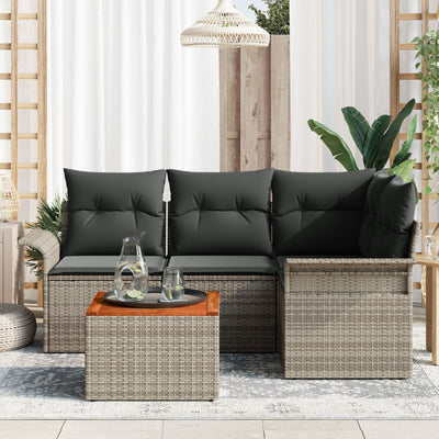5 Piece Garden Sofa Set with Cushions Grey Poly Rattan Acacia