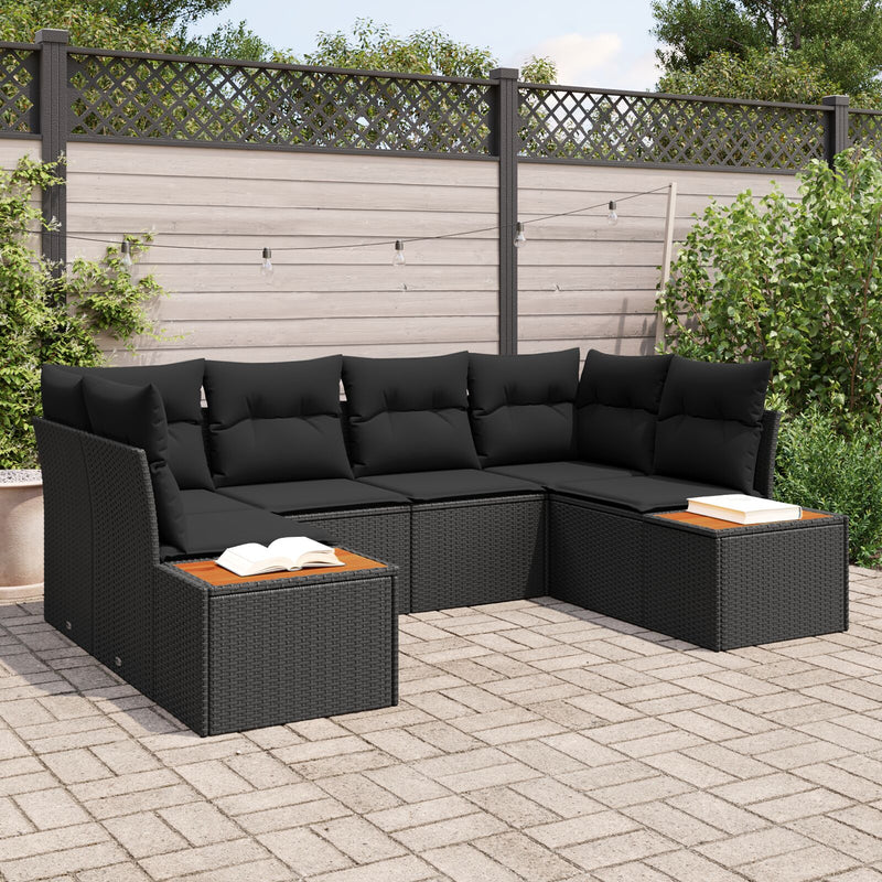 6 Piece Garden Sofa Set with Cushions Black Poly Rattan Acacia