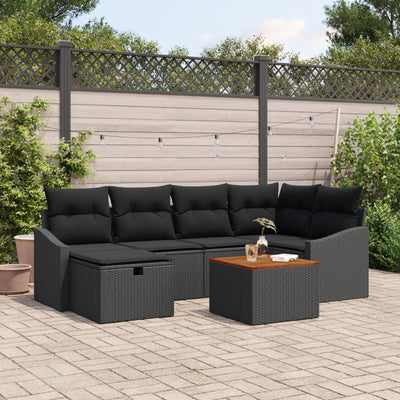 7 Piece Garden Sofa Set with Cushions Black Poly Rattan