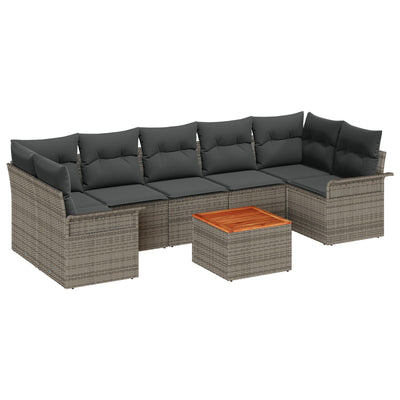 8 Piece Garden Sofa Set with Cushions Grey Poly Rattan Acacia