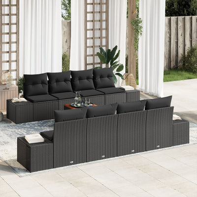 7 Piece Garden Sofa Set with Cushions Black Poly Rattan Acacia