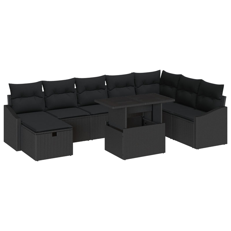 9 Piece Garden Sofa Set with Cushions Black Poly Rattan