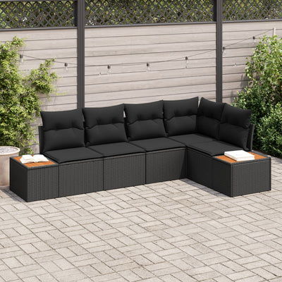 5 Piece Garden Sofa Set with Cushions Black Poly Rattan Acacia