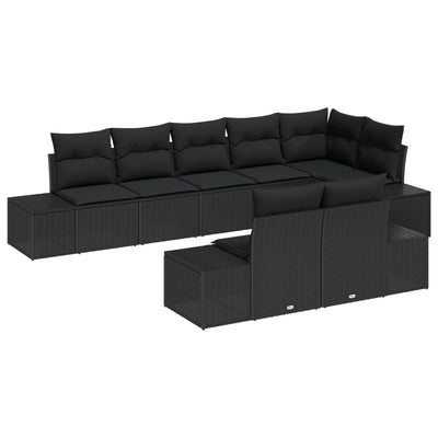 8 Piece Garden Sofa Set with Cushions Black Poly Rattan