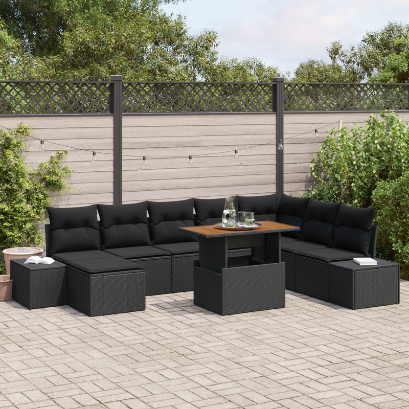 9 Piece Garden Sofa Set with Cushions Black Poly Rattan