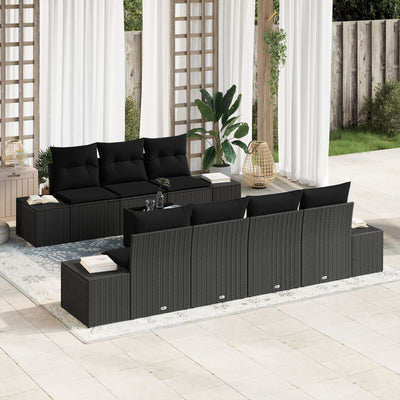 8 Piece Garden Sofa Set with Cushions Black Poly Rattan