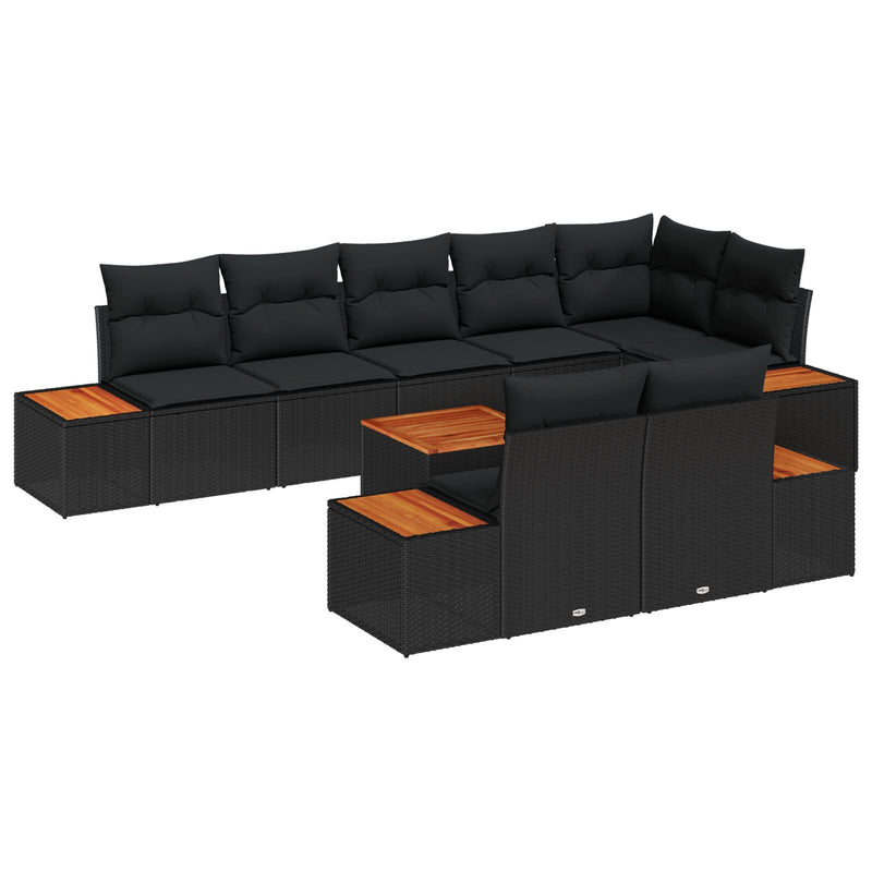 9 Piece Garden Sofa Set with Cushions Black Poly Rattan Acacia