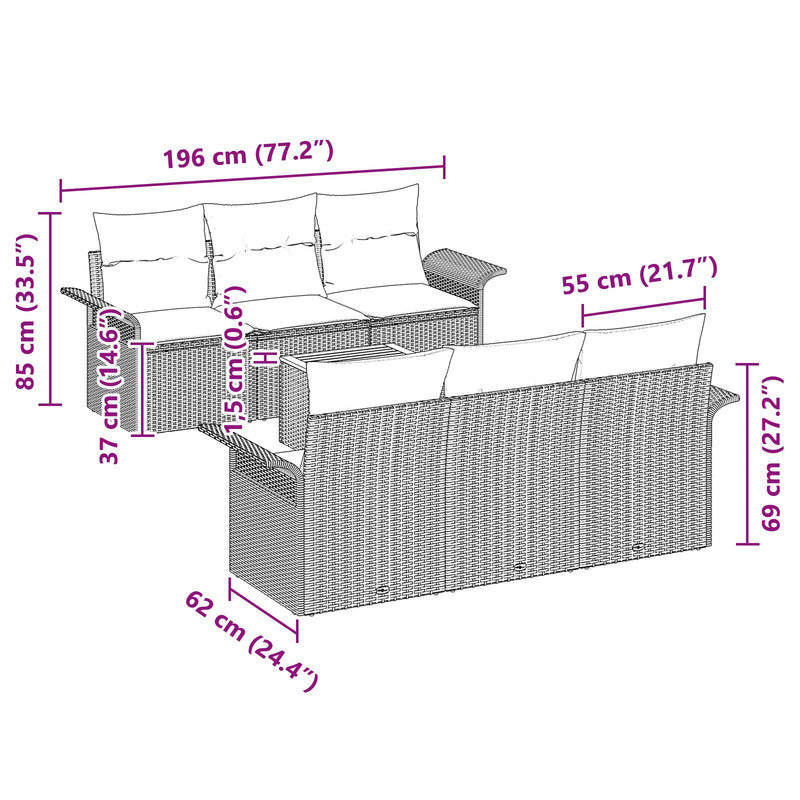7 Piece Garden Sofa Set with Cushions Grey Poly Rattan Acacia
