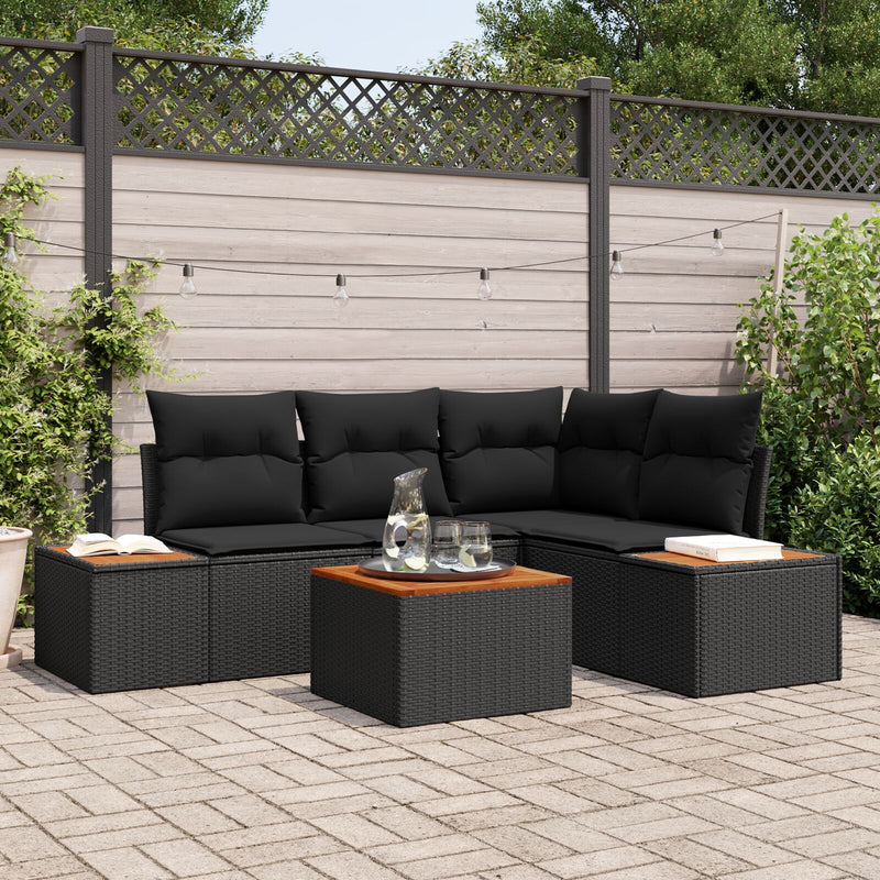 5 Piece Garden Sofa Set with Cushions Black Poly Rattan Acacia