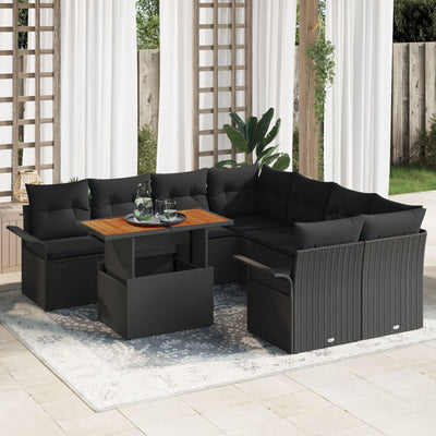 9 Piece Garden Sofa Set with Cushions Black Poly Rattan Acacia