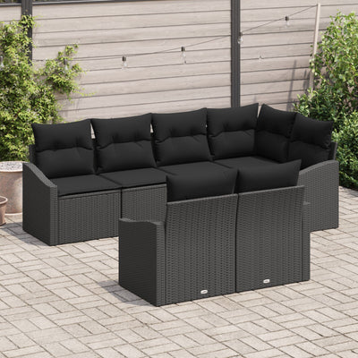 7 Piece Garden Sofa Set with Cushions Black Poly Rattan