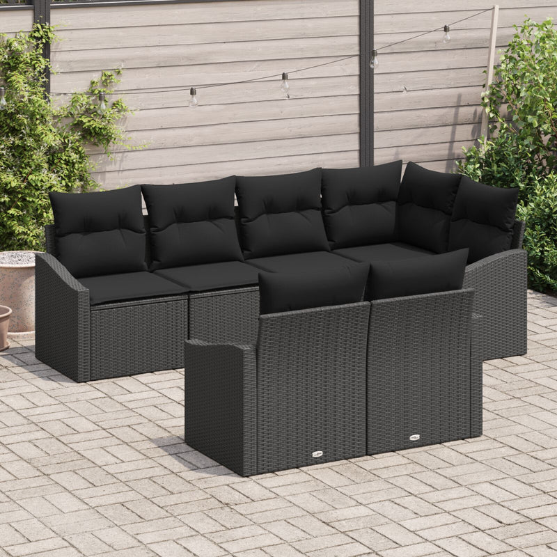 7 Piece Garden Sofa Set with Cushions Black Poly Rattan