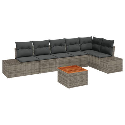 7 Piece Garden Sofa Set with Cushions Grey Poly Rattan Acacia