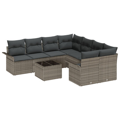 9 Piece Garden Sofa Set with Cushions Grey Poly Rattan