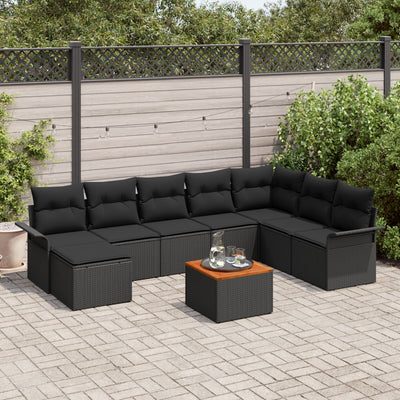 9 Piece Garden Sofa Set with Cushions Black Poly Rattan Acacia