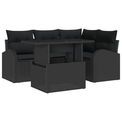 5 Piece Garden Sofa Set with Cushions Black Poly Rattan