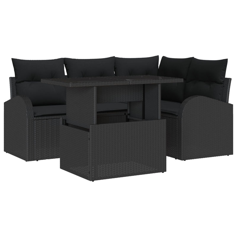 5 Piece Garden Sofa Set with Cushions Black Poly Rattan