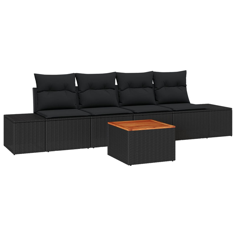 5 Piece Garden Sofa Set with Cushions Black Poly Rattan Acacia