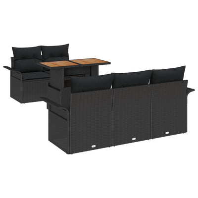 6 Piece Garden Sofa Set with Cushions Black Poly Rattan Acacia