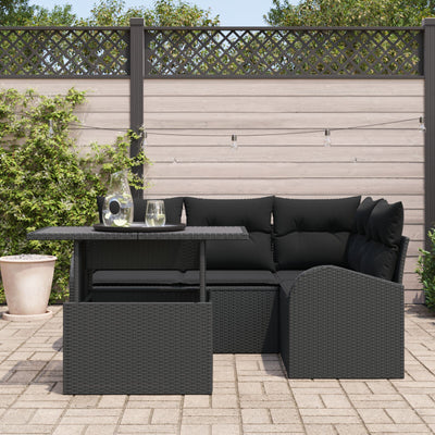 5 Piece Garden Sofa Set with Cushions Black Poly Rattan