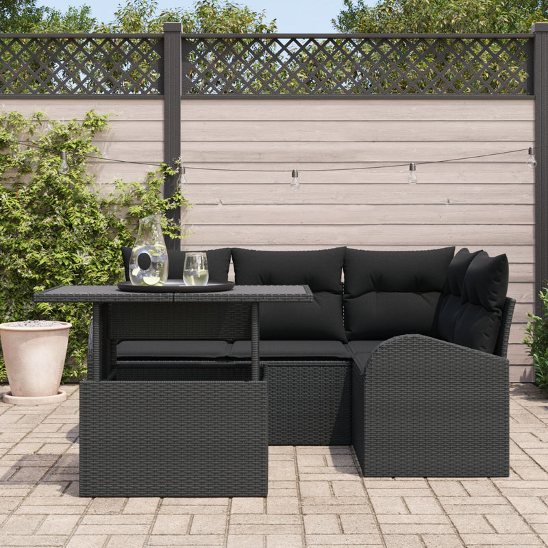 5 Piece Garden Sofa Set with Cushions Black Poly Rattan